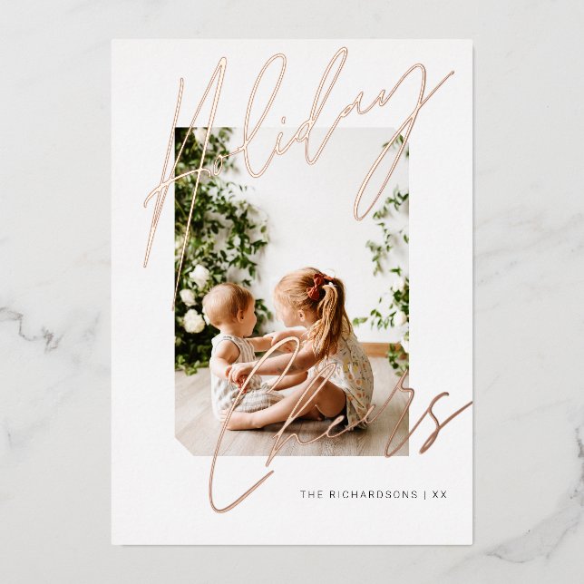 Christmas Cheers Elegant Script Minimal Photo Foil Holiday Card (Front)