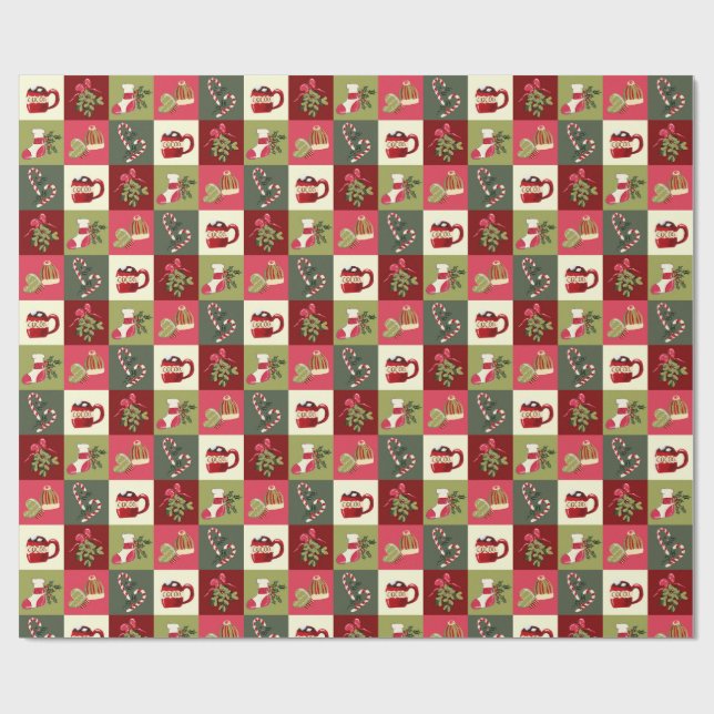 Christmas Chequered cocoa candy cane mistletoe Wrapping Paper (Flat)