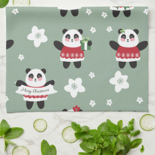 Christmas Cherry Blossom Panda Kitchen Towel