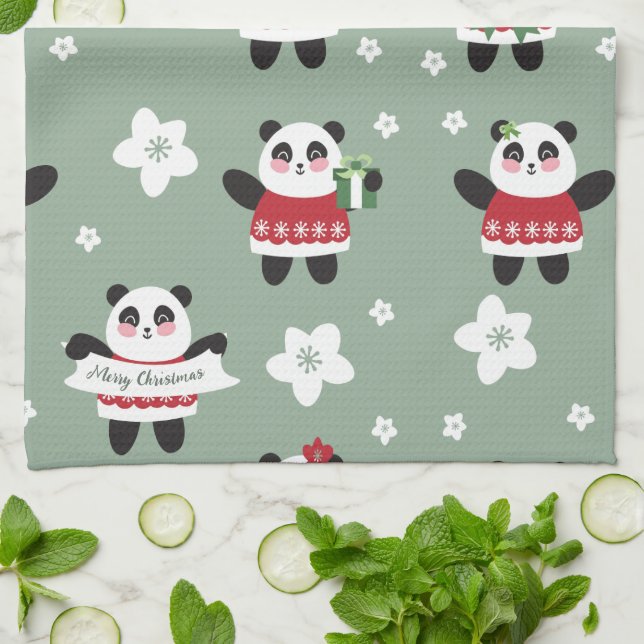 Christmas Cherry Blossom Panda Kitchen Towel (Folded)