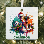 Christmas Chess Lover Custom Name Metal Ornament<br><div class="desc">Checkmate Your Holiday Decor with a Personalized Chess Ornament! Celebrate the holidays in strategic style with this beautifully designed chess-themed ornament! Featuring chess pieces, including a king sporting a Santa hat, a queen adorned with holiday greenery and ornaments, pawns, and a knight, this ornament is perfect for any chess enthusiast....</div>