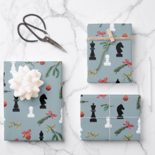 Christmas Chess Pieces Game Pattern Blue Wrapping Paper Sheet