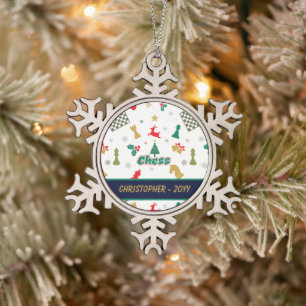 Christmas Chess - Pieces, Tree, Holly, Reindeer Snowflake Pewter Christmas Ornament