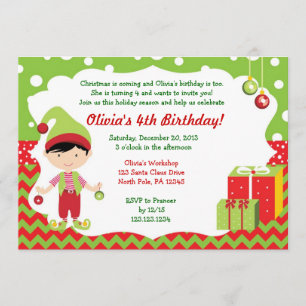 Christmas Chevron Boy Elf Birthday Invitation