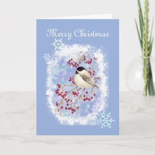 Christmas Chickadee bird in Frosty Window Holiday Card