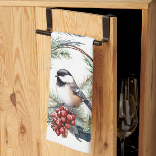 Christmas Chickadee Bird in Wreath Art Kitchen Towel