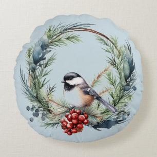 Christmas Chickadee Bird in Wreath Art Round Pillow