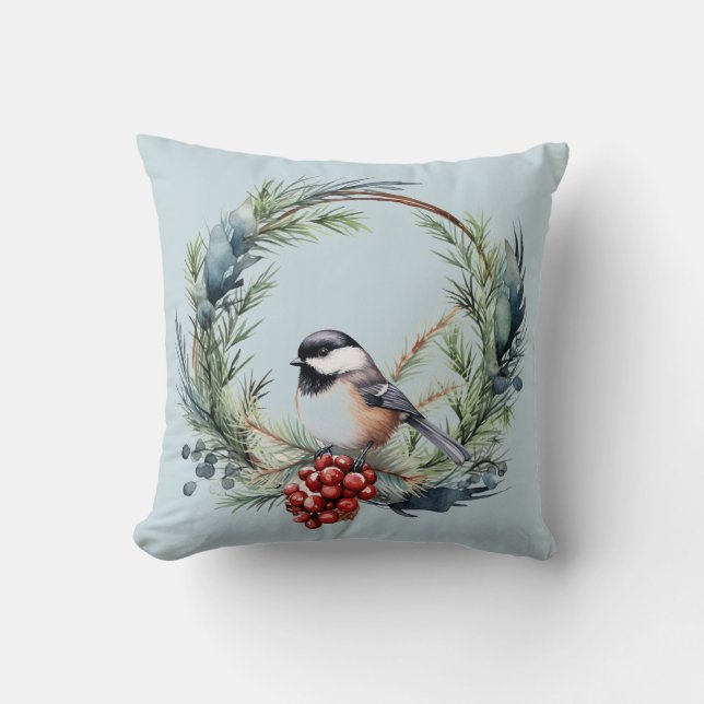 Christmas Chickadee Bird in Wreath Art Throw Pillow (Front)