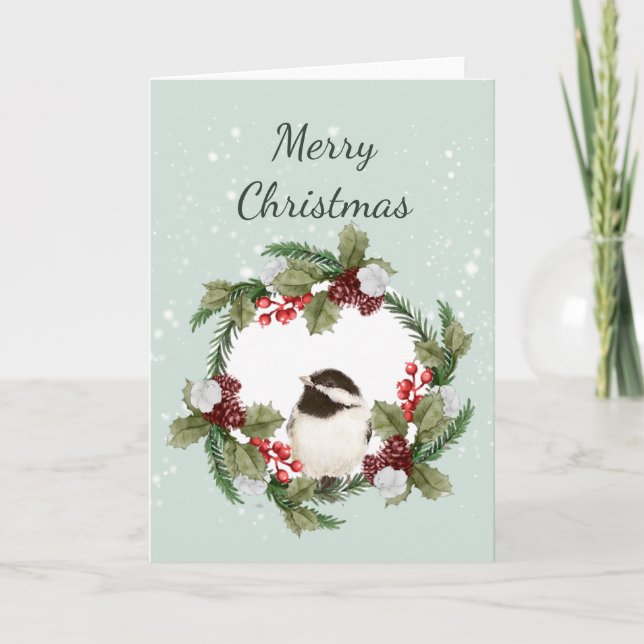 Christmas Chickadee Bird Watercolor Nature Art  Card (Front)
