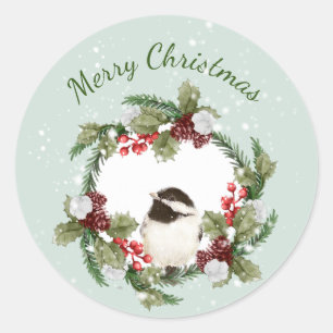 Christmas Chickadee Bird Watercolor Nature Art Classic Round Sticker