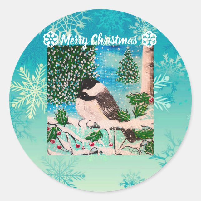 Christmas Chickadee Chatter  Classic Round Sticker (Front)