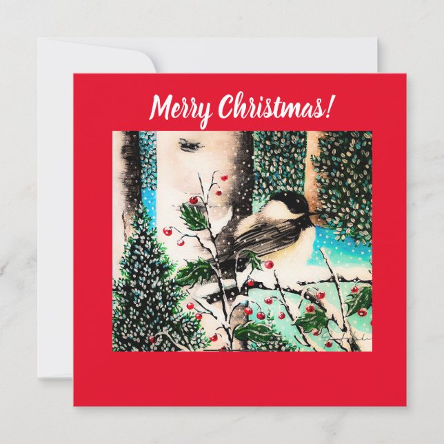 Christmas Chickadee Chatter Red Invitation  (Front)