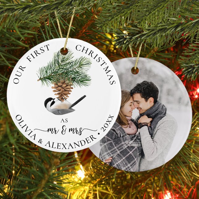 Christmas Chickadee Newlywed Mr and Mrs Photo Ceramic Ornament (Creator Uploaded)