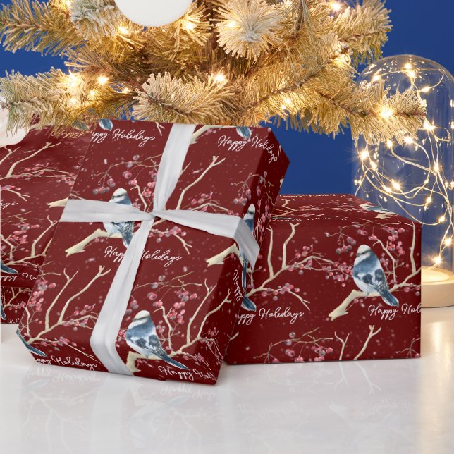 Christmas Chickadee with Berries and Snowflakes Wrapping Paper (Holidays)