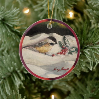Christmas Chickadee with Mistletoe & Winter Snow 2 Ceramic Ornament