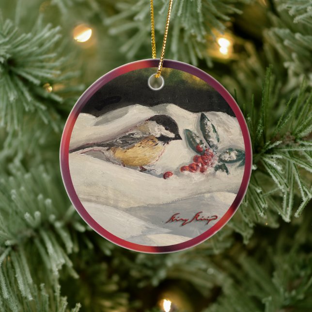 Christmas Chickadee with Mistletoe & Winter Snow 2 Ceramic Ornament (Tree)