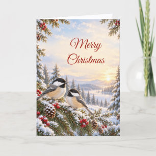 Christmas Chickadees Evergreen Snow Winter Berries Holiday Card