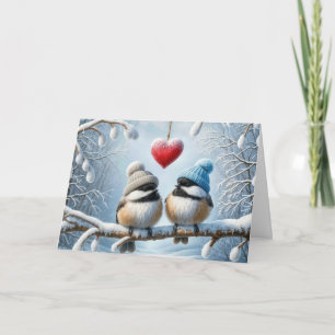 Christmas Chickadees With Red Heart Card