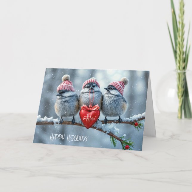 Christmas Chickadees With Red Heart Holiday Card (Front)