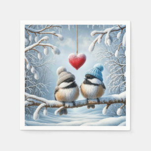Christmas Chickadees With Red Heart Napkin