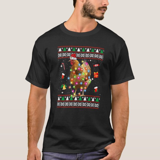 Christmas Chicken Santa Hat Lights Ugly Xmas For M T-Shirt (Front)