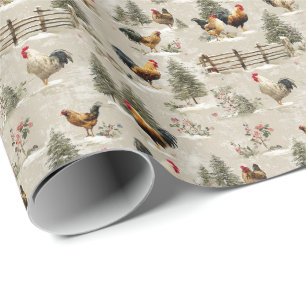 Christmas Chickens and Roosters Farmyard Winter Wrapping Paper