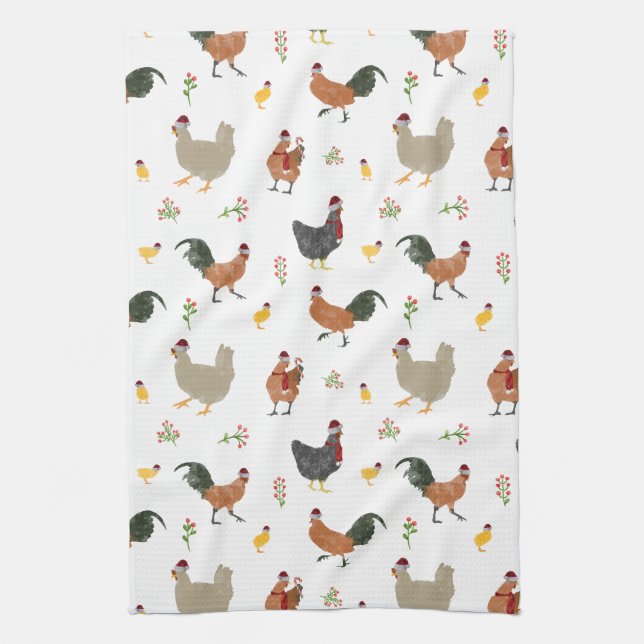 Christmas Chickens & Chicks Pattern Kitchen Towel (Vertical)