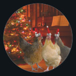 Christmas Chickens Classic Round Sticker<br><div class="desc">Three Wise Chickens celebrate the holidays with cheer and good humour</div>