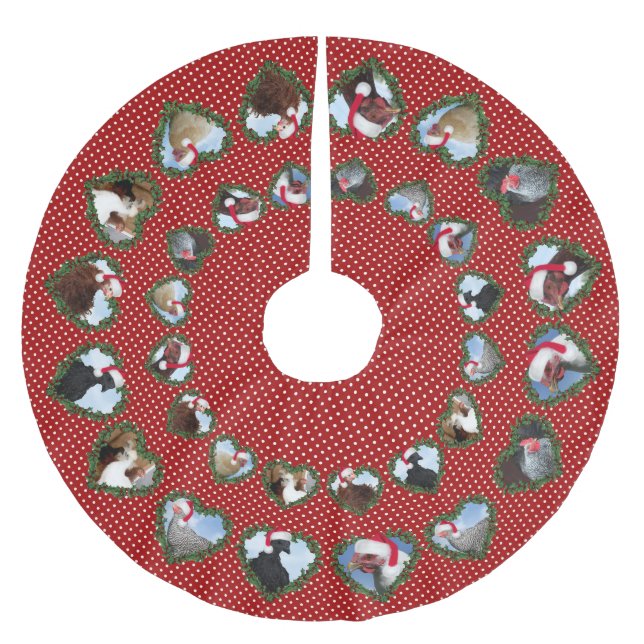 Christmas Chickens in Heart Wreaths Polka Dots Brushed Polyester Tree Skirt (Front)