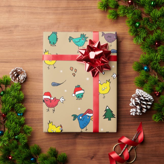 Christmas chickens light gold wrapping paper (Holiday Gift)