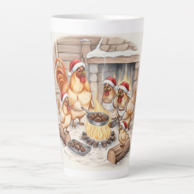 Christmas Chickens Roasting Chestnuts, Latte Mug (Front)
