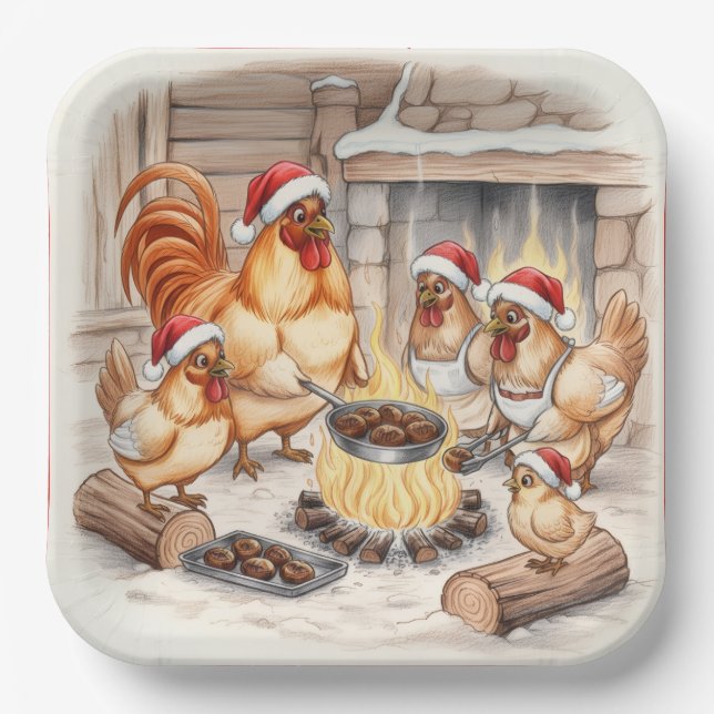 Christmas Chickens Roasting Chestnuts, Plates (Front)