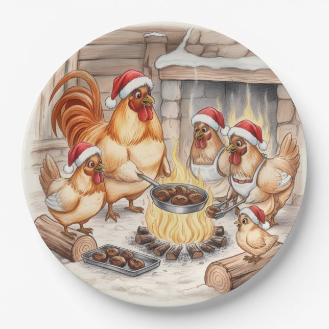 Christmas Chickens Roasting Chestnuts, Plates (Front)