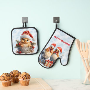 Christmas Chicks Dressed In Red Oven Mitt & Pot Holder Set