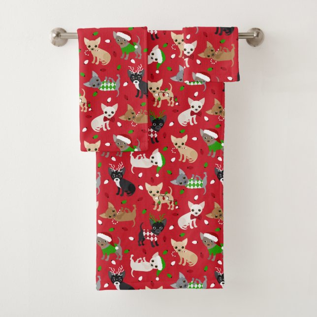Christmas Chihuahua All Coats Bath Towel Set (Insitu)