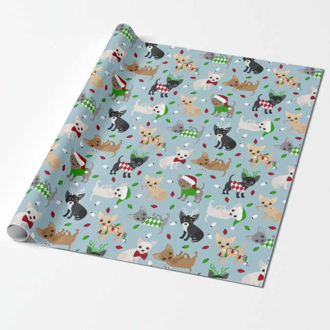 Christmas Chihuahua All Coats Wrapping Paper (Unrolled)