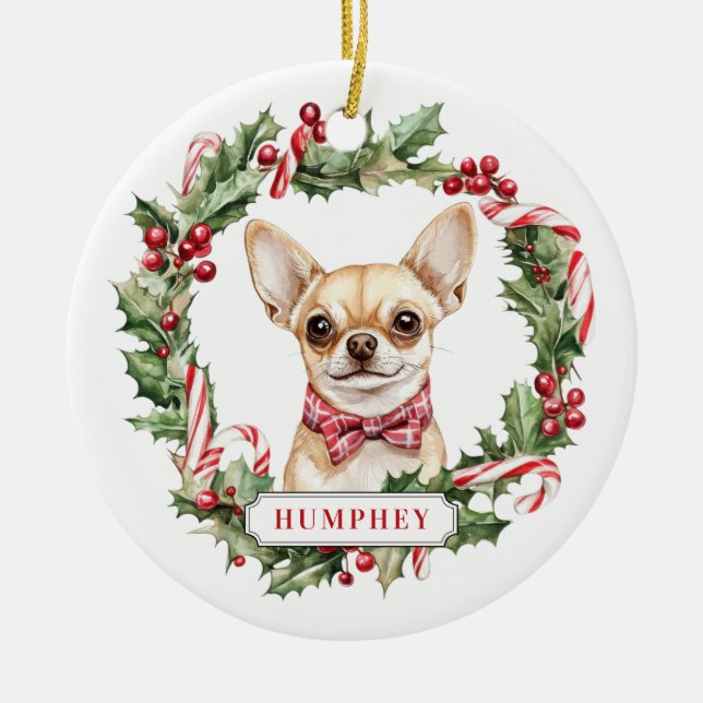 Christmas Chihuahua Dog Ceramic Circle Ornament (Front)