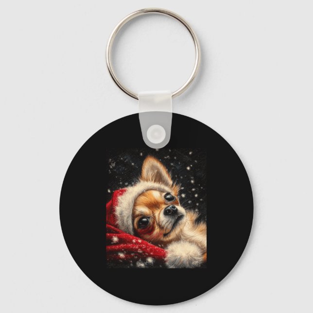Christmas Chihuahua On A Long Sleeve  Keychain (Front)