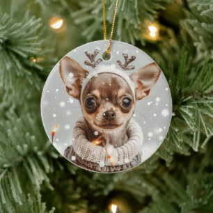 Christmas Chihuahua Reindeer Dog Ceramic Ornament