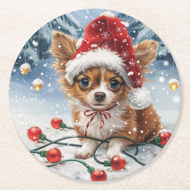 Christmas Chihuahua Santa Dog Round Paper Coaster (Front)
