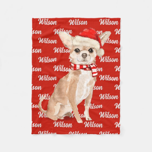 Christmas Chihuahua Santa Dog's Name Fleece Blanket (Front)