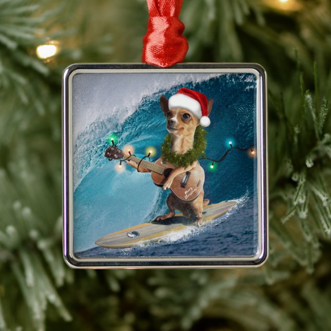 Christmas Chihuahua Surfing Metal Ornament (Tree)