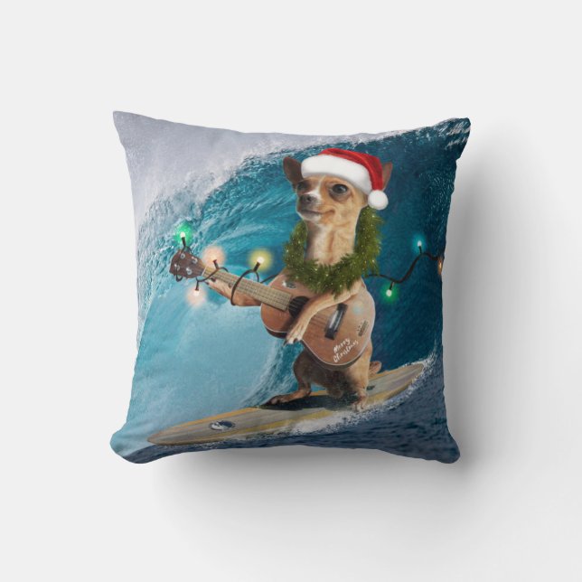 Christmas Chihuahua Surfing Throw Pillow (Front)