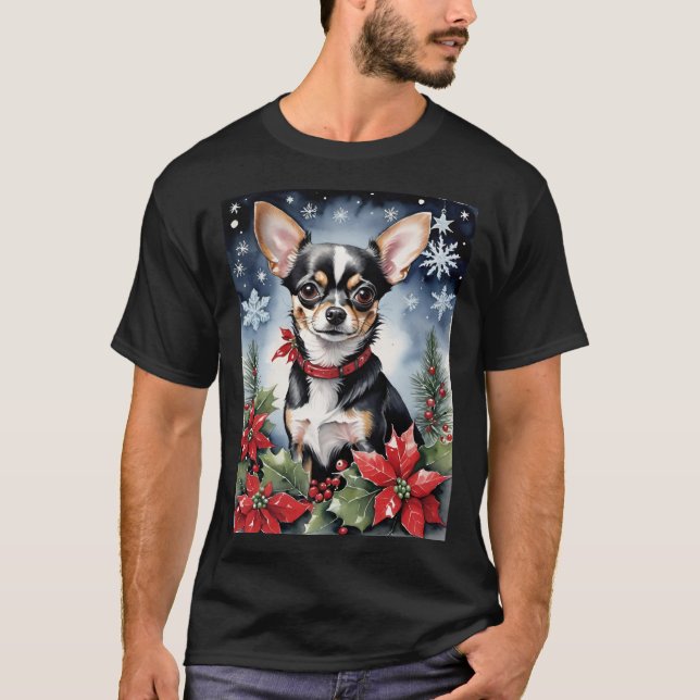 Christmas Chihuahua With Poinsettias & Snowflakes T-Shirt (Front)