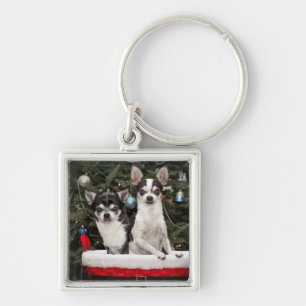 Christmas Chihuahua's in a red basket Keychain