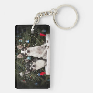 Christmas Chihuahua's in a red basket Keychain