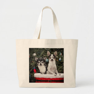 Christmas Chihuahua's in a red basket Large Tote Bag