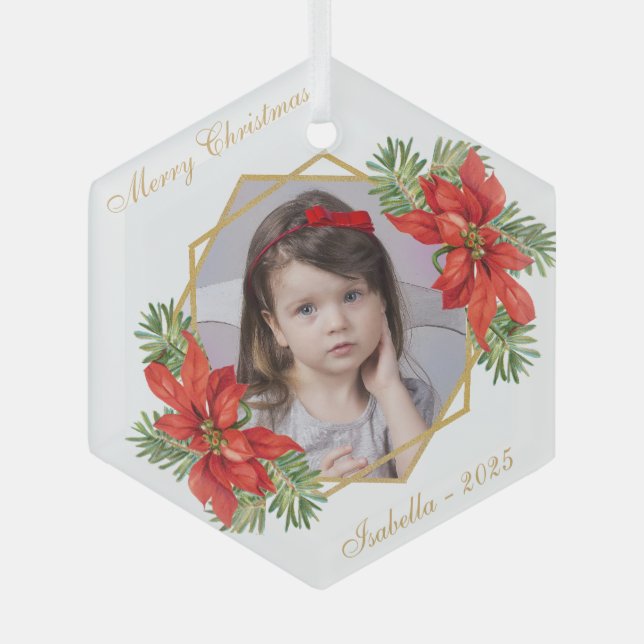 Christmas Child Photo Poinsettia Pine Gold Script Glass Ornament (Front)