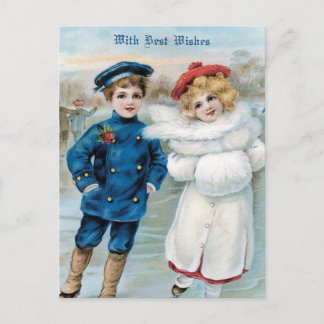 Christmas, Children ice skating Holiday Postcard