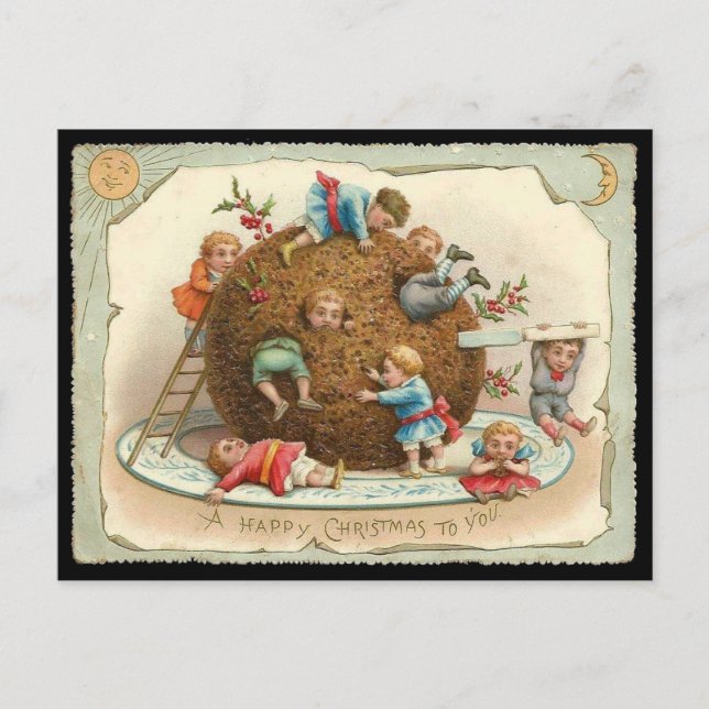 Christmas Children in Giant Pudding Holiday Postcard (Front)